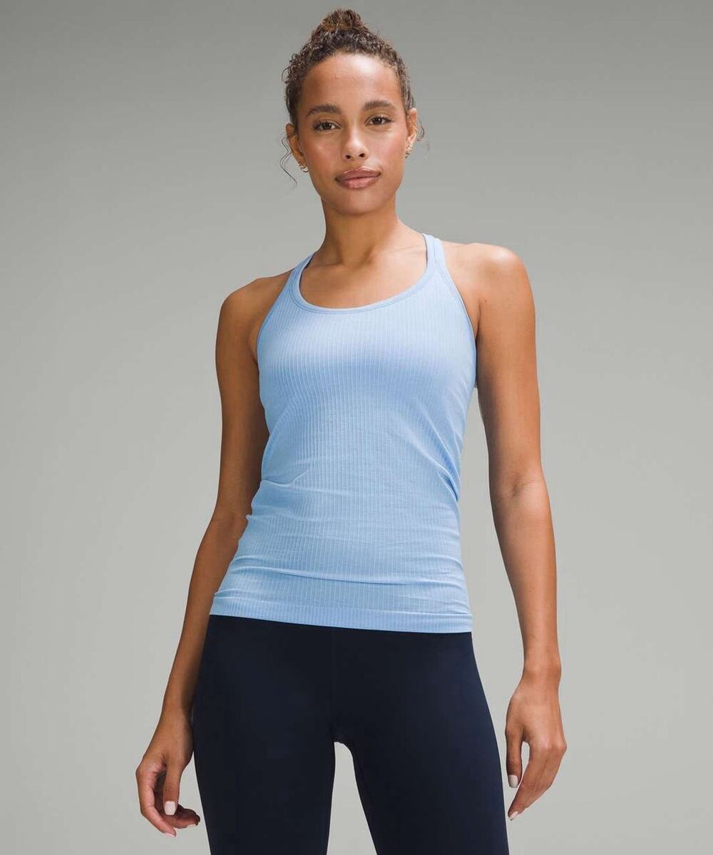 Lululemon Ebb to Street Navy Tank Top Built-In Bra Ribbed Size 6 Areo Blue